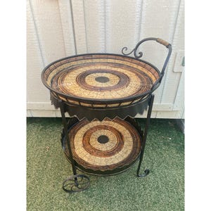 VTG Wicker & Wrought Iron 2-Tier Rolling Bar Cart Rustic Boho Pier-1 Style 31"