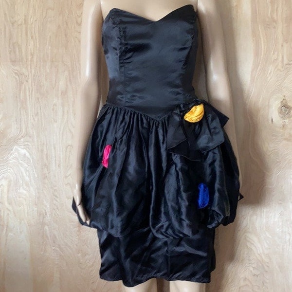 80s Prom Dress, Contempo Casuals, Vintage 1980's, Black Sleeveless, Bubble Skirt, Multicolor Rosette, Union Made, Party Dress, Juniors Sz 9