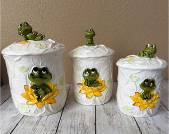 Ensemble de 3 bidons Sears Neil the Frog, vintage 1979 avec couvercles - Petits défauts