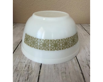 Bol para mezclar Pyrex 402 vintage, estampado floral otoñal verde, cuadrado, 1,5 cuartos de galón, hecho en EE. UU.