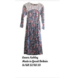 1980s Laura Ashley Great Britain Floral Prairie Dress Crochet Lace Collar Sz 10
