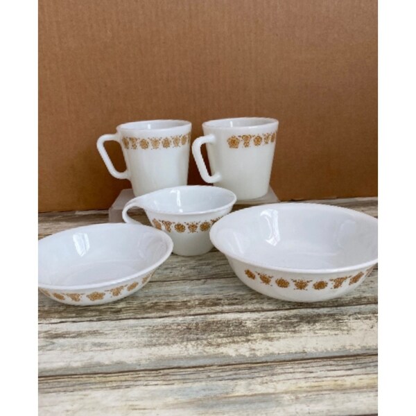 1970s Corelle by Corning Butterfly Gold Bowls Teacup & Mugs Set of 5, 1970s Kitchen Decor for Home, Collectible Corning Dinnerware