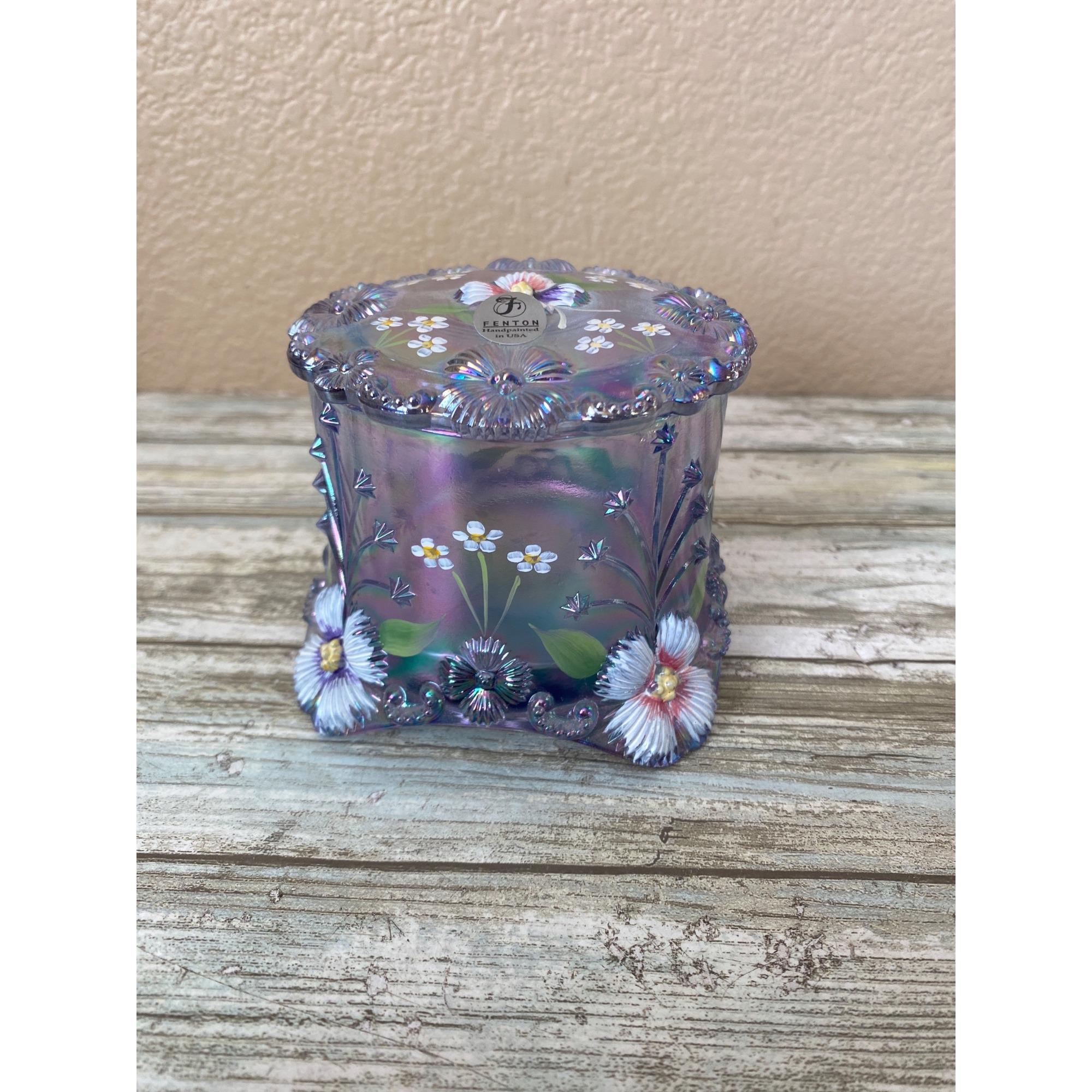 1990s Fenton Iridescent Lavender Trinket Jar • Hand Painted by S