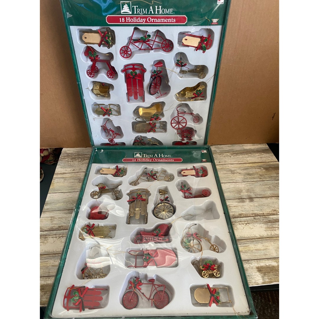 2 X 1990s Kmart Trimahome Shiny Red & Gold Metal Ornament Set 18 Pcs