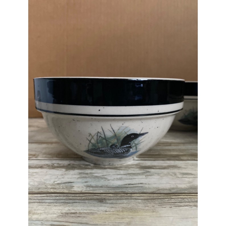 Set of 3 Folkcraft Stoneware Loon Lake by Scotty Z Soup/cereal Bowls