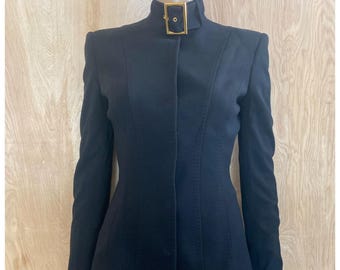 Chaqueta de traje vintage Dolce & Gabbana negra de mezcla de lana con forro de leopardo, talla IT 40