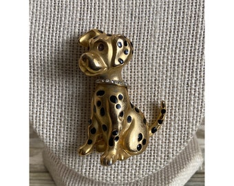 Vintage 1970s Dalmatian Dog 2" Gold Tone Enamel Rhinestone Collar Brooch Pin, Brooch Gift for Dog Lover, Dog Lover Jewelry, 1970s Fashion