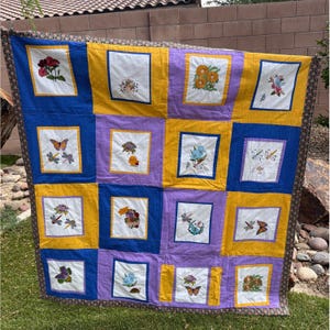 Manta de edredón vintage bordada a mano con diseño floral de mariposas y patchwork, 47 x 45