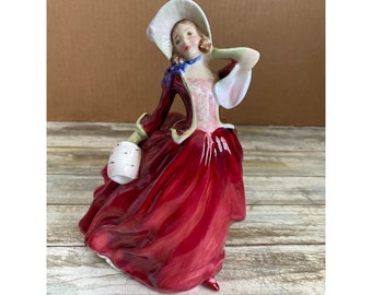 1939 Royal Doulton Autumn Breezes Bone China 7" Lady Figurine Red Dress HN 1934, Porcelain Figurine, Vintage English Lady, 1930s Home Decor