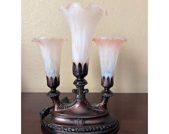 Tiffany Style Pond Lily 3 Light Mantelabra Pink Frosted Glass Tulip Lamp 12"