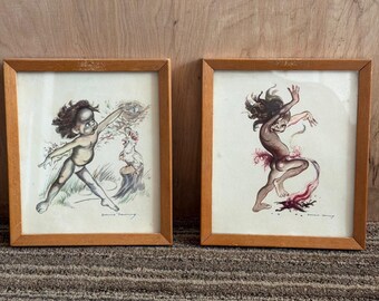 2 X Vintage Brownie Downing Gerahmter Druck "Raider" ""Corroboree"" Australische Kunst
