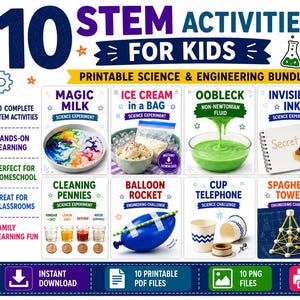 May include: A digital bundle titled 10 STEM Activities for Kids featuring printable science and engineering experiments. The graphic displays ten project cards including Magic Milk, Oobleck, and DIY Lava Lamp, with icons for instant download and printing.