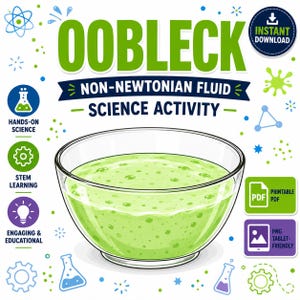 Peut inclure: Un bol en verre transparent rempli d'oobleck vert clair, un fluide non newtonien. Le graphique présente le texte OOBLECK NON-NEWTONIAN FLUID SCIENCE ACTIVITY, ainsi que des icônes pour la science pratique, l'apprentissage STEM et le contenu éducatif.