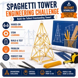 May include: A Spaghetti Tower Engineering Challenge printable kit featuring a pyramid structure built from yellow spaghetti sticks and white marshmallows, surrounded by blueprints, a pencil, a ruler, and a yellow measuring tape.