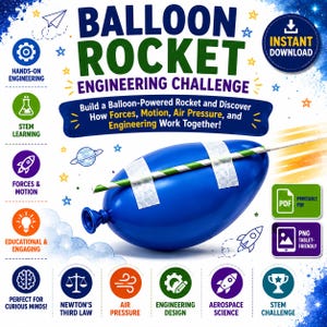 Puede incluir: Un póster educativo digital titulado Balloon Rocket Engineering Challenge. Muestra un globo azul sujeto a una pajita de rayas verdes y blancas con cinta adhesiva blanca. Los iconos representan conceptos de aprendizaje STEM, fuerzas y diseño.