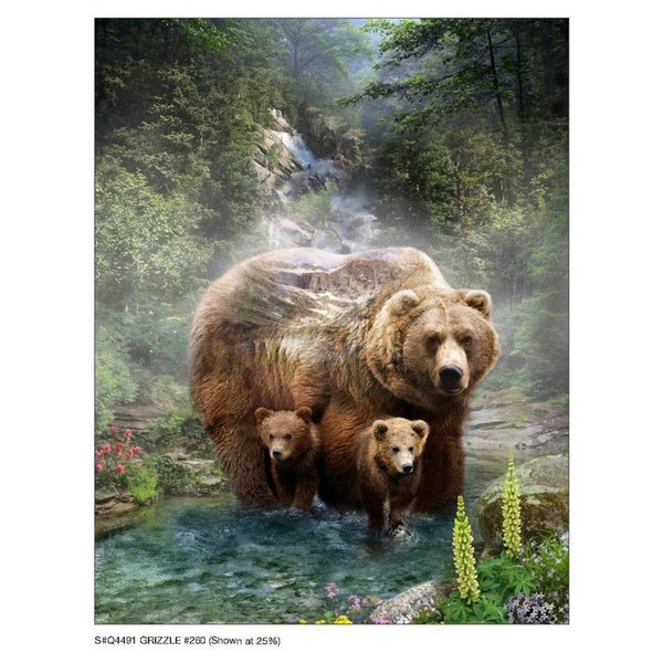 Grizzly Bear & Cubs Fabric Panel