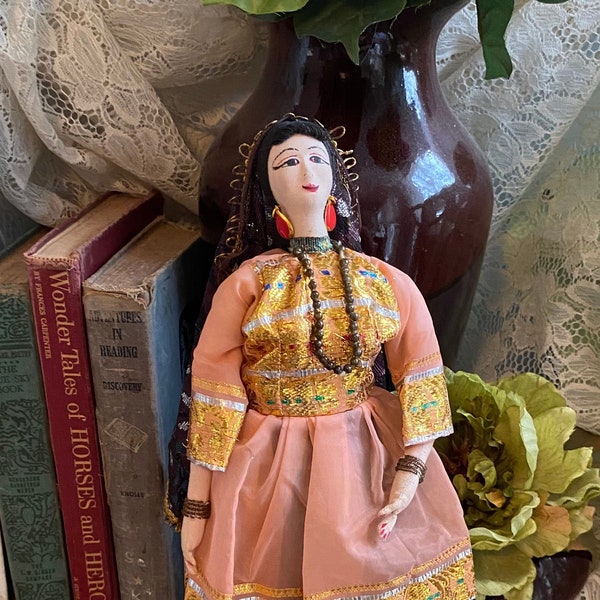 Vintage Pakistan Woman Costume Souvenir Doll, Hand-painted Cloth