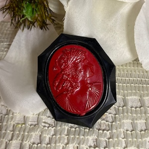 Victorian Art Deco Cameo Brooch Carved Red Bakelite & Celluloid