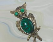 Green Owl Pin - Gold Tone Owl Pin - Bird Jewelry - Vintage Owl Costume Jewelry