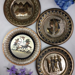 Vintage Etched Egyptian Art Brass Wall Plates, Bas Relief Egyptian Theme Brass Wall Decor