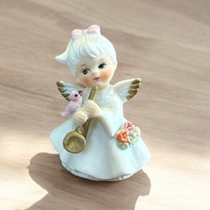 VTG Napcoware #9876 Miniature BISQUE Porcelain Angel Figurine with Bird & Trumpet Horn, Vintage Miniature Musical Angel Figurine, 2.25&quot; High
