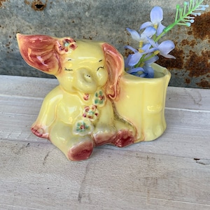 Vintage Elephant Planter by Shawnee, Mid-Century Yellow Elephant with Pink Flower Accents, Kitschy Planter