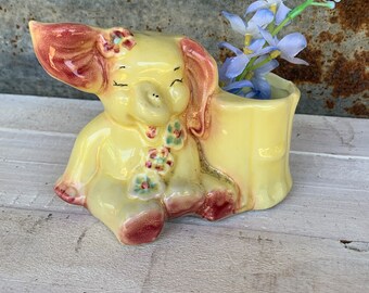 Vintage Elephant Planter by Shawnee, Mid-Century Yellow Elephant with Pink Flower Accents, Kitschy Planter
