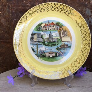 Washington DC Souvenir Plate, Vintage MidCentury US Capitol Collectible Souvenir Yellow Dinner Plate