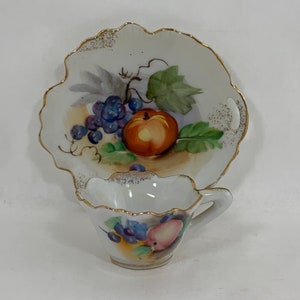 Demitasse Miniature Tea Cup & Saucer Set, Fruit Theme with Gold Trim, Made in Japan