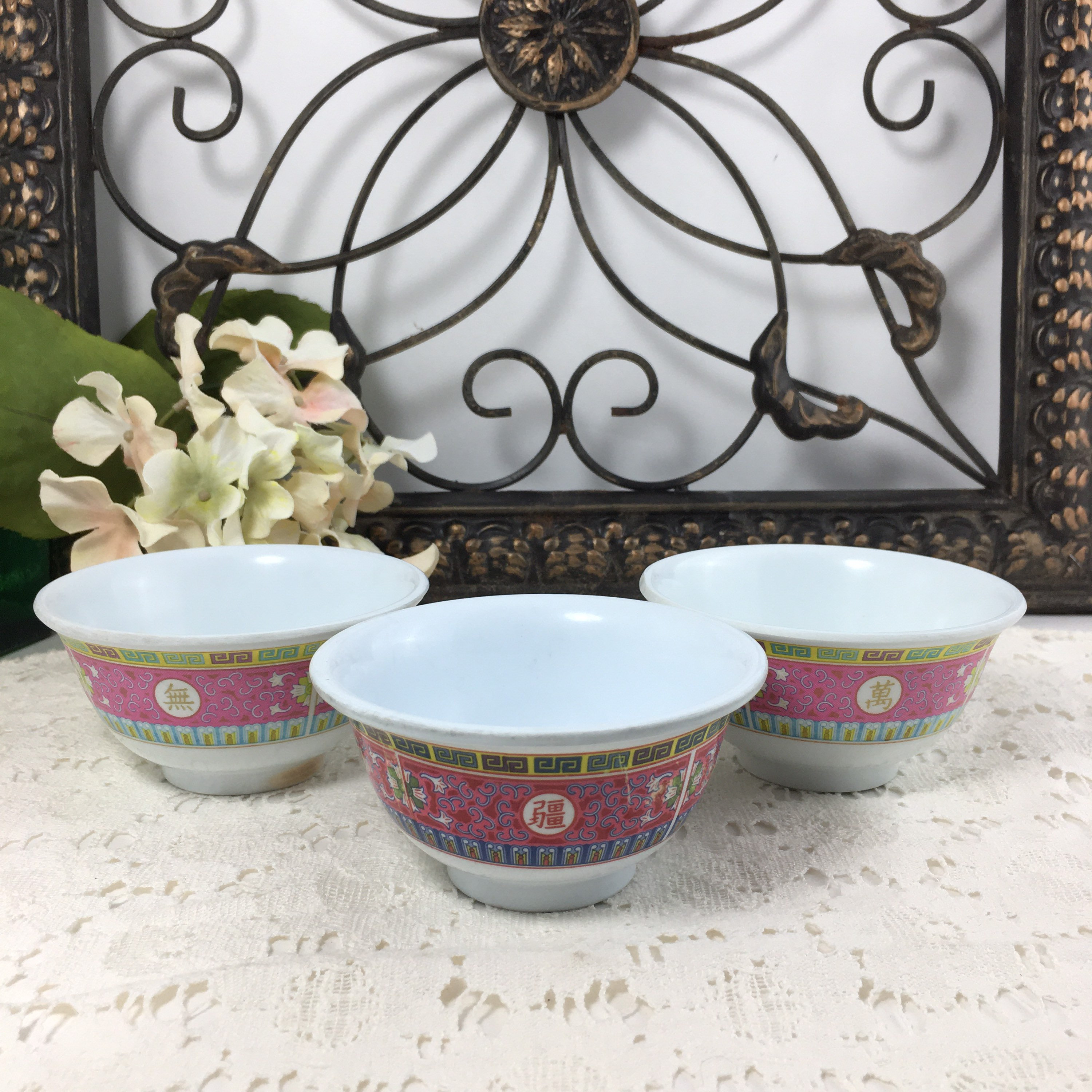Small Melamine Footed Bowls, Pink Blue Gold Longevity Pattern