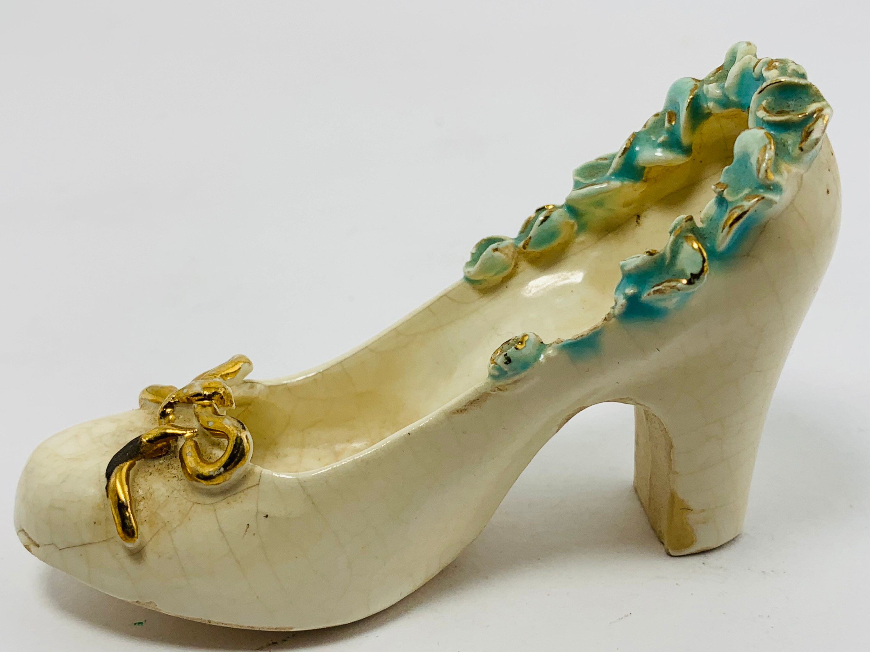 Ceramic Shoe With Blue Flowers and Gold Bow Chisum High Etsy