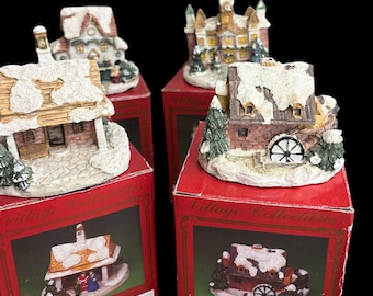 Windsor Collection Village Collectibles - Set of 4 Miniature Snow Village Houses with Boxes - Christmas Holiday Decor, Christmas Village