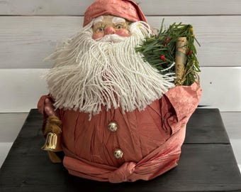 Vintage Paper Mache Santa Claus Figure, Crepe Paper Roly Poly Santa