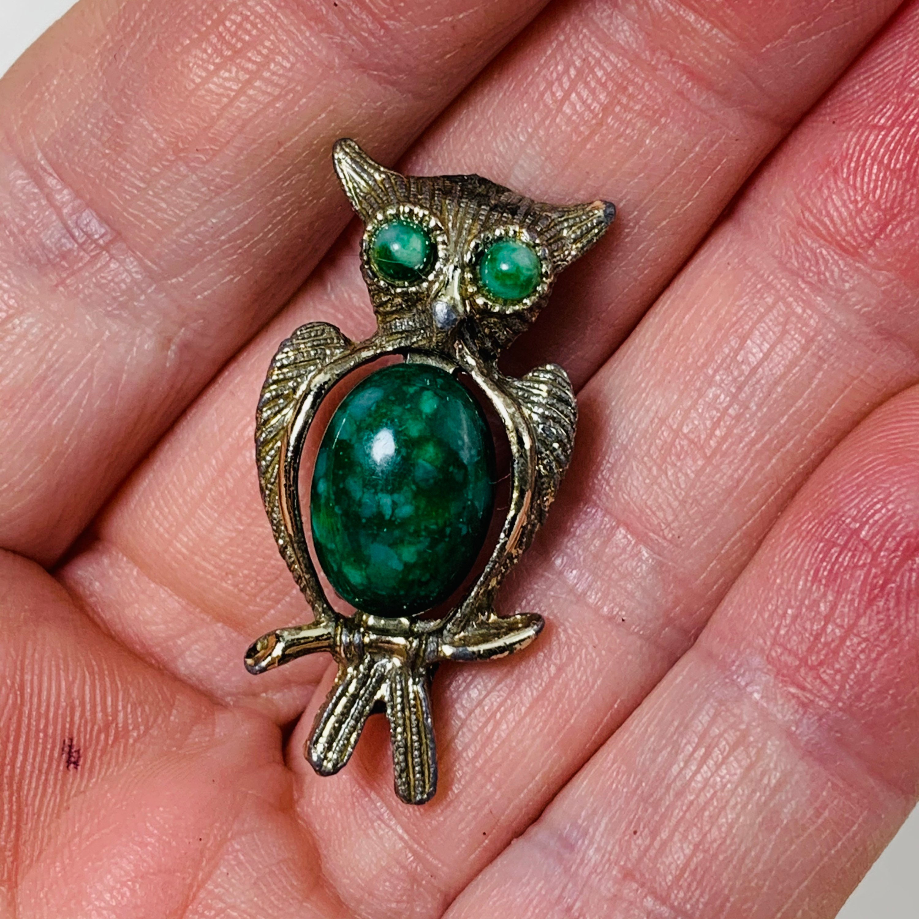 Green Owl Pin Gold Tone Owl Pin Bird Jewelry Vintage Owl | Etsy