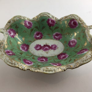 Hand Painted Art Nouveau Dish, Antique Victorian Decorative Handled Dish with Pink Roses and Gold Trim,