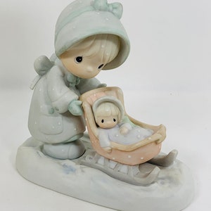 Precious Moments January Calendar Girl Series Figurine,  #109983, Baby in Sleigh 1987, January Birthday Figurine