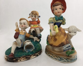 Ucagco Nursery Rhyme Figurines, Vintage Porcelain Jack and Jill, Mary Had a Little Lamb