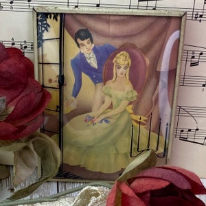 Vintage Convex Glass Reverse Painted Victorian Couple Candelabra Silhouette Metal Frame