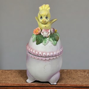Vintage Egg Shaped Trinket Box with Yellow Chick and Flowers, Egg Shaped Jewelry Box, Bisque Egg