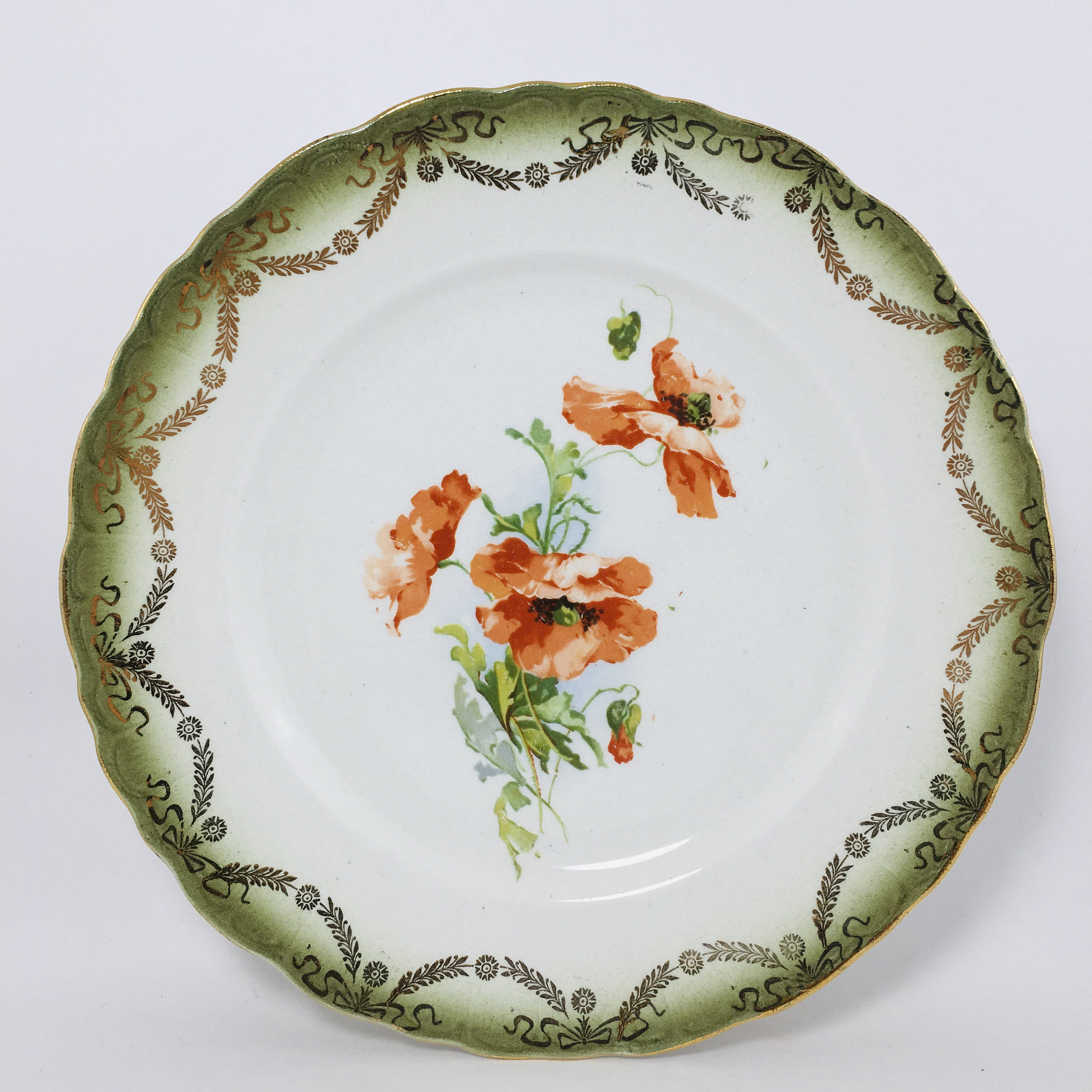 Antique Floral Plate Orange Flowers Green Rim Gold Decor Etsy