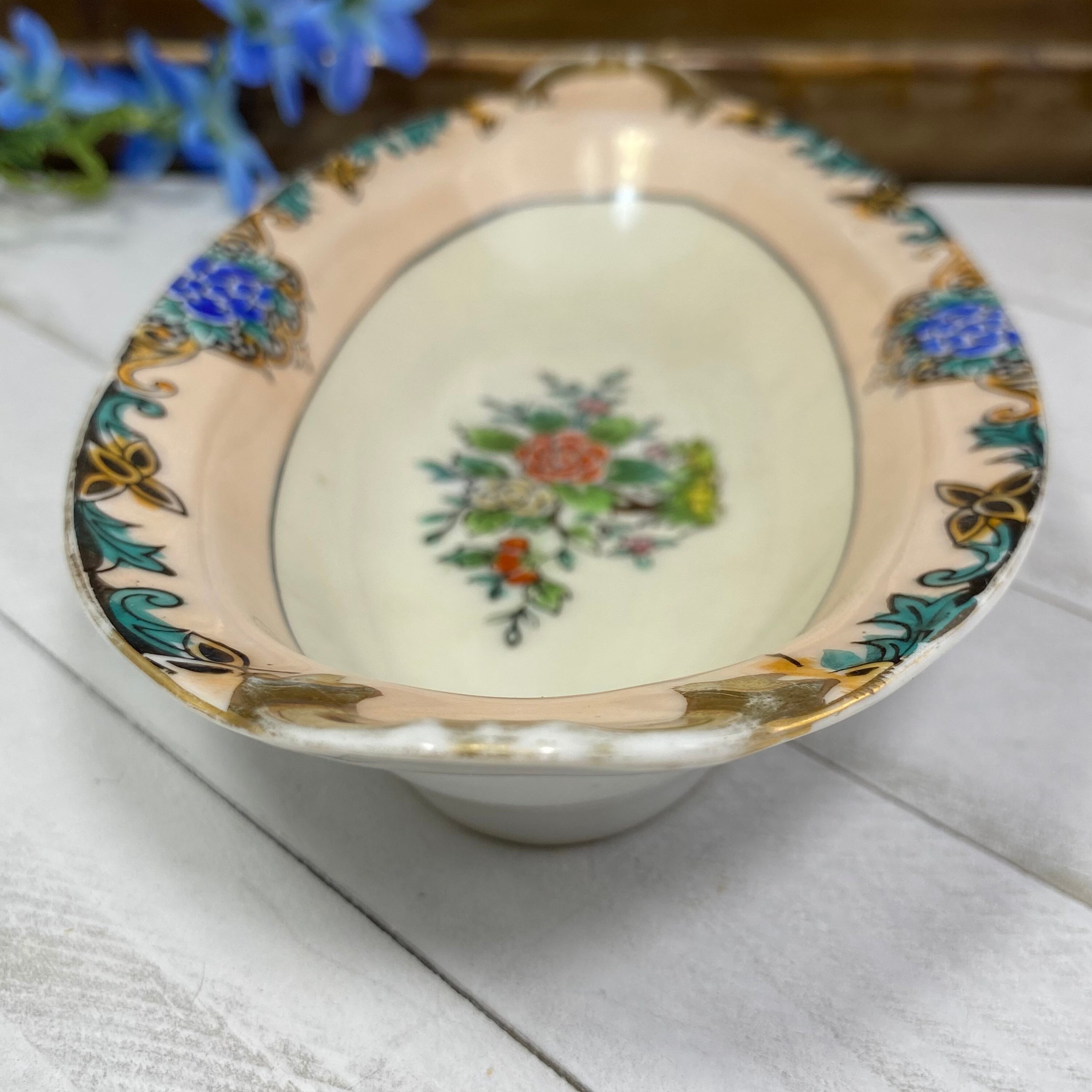 Vintage Noritake Peach Oval Dish Blue Flowers Gold Trim - Nut