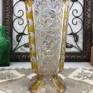 Vintage Pressed Glass Vase, Tulip Shaped Footed Vase, Gold Cornered Vase