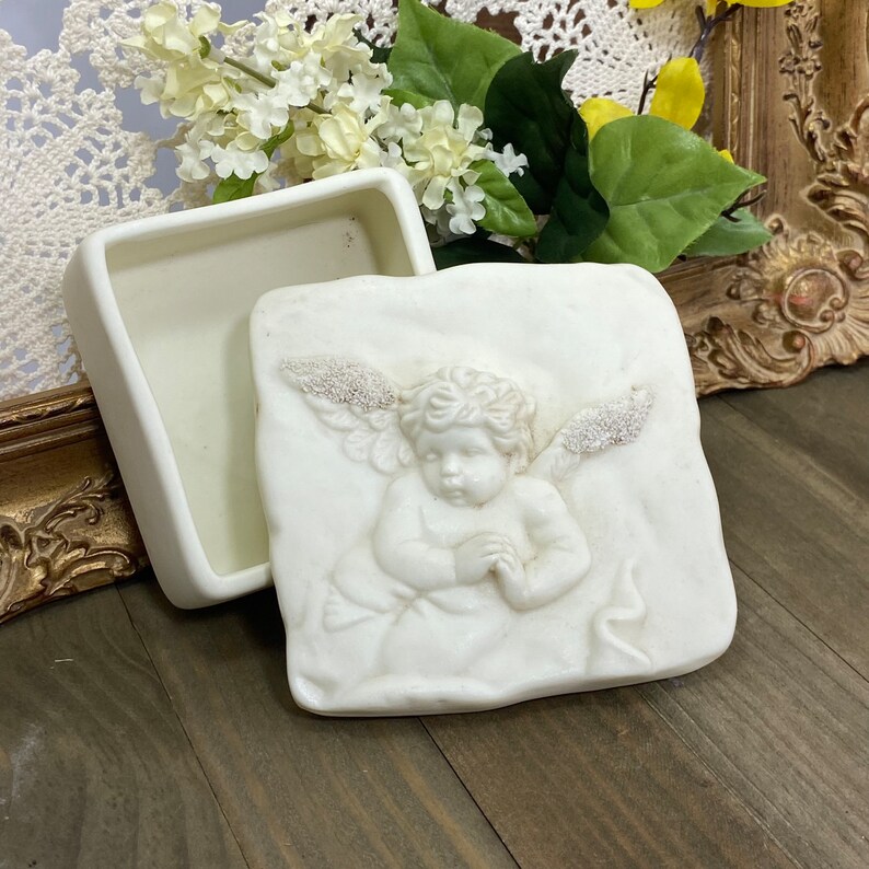 Vintage Embossed Angel Trinket Box, Art Pottery Angel Jewelry Box ...