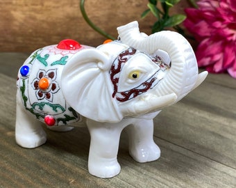 White Elephant Figurine Trunk Up Vintage Elephant Statue | elephant lovers gift | boho decor