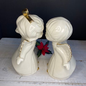 Vintage Kissing Angel Figurines White and Gold Ceramic Cherub Christmas Decor