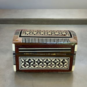 Wooden Treasure Chest Jewelry Box, Vintage Mother of Pearl Trinket Box