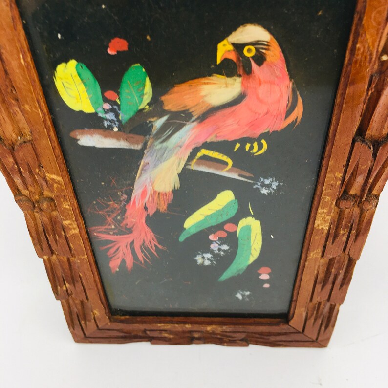 Peut inclure: Une &oelig;uvre d'art encadr&eacute;e repr&eacute;sentant un oiseau color&eacute; fait de plumes, sur un fond noir. L'oiseau est perch&eacute; sur une branche avec des feuilles vertes et des fleurs.