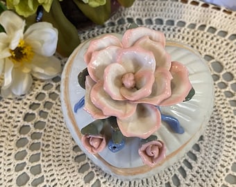Vintage Porcelain Wild Rose Trinket Box, English Rose and Gold
