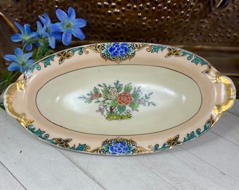 Vintage Noritake Peach Oval Dish Blue Flowers Gold Trim - Nut