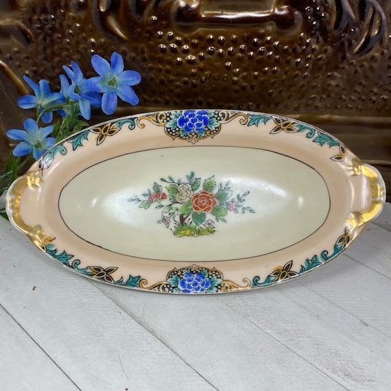 Vintage Noritake Peach Oval Dish Blue Flowers Gold Trim - Nut